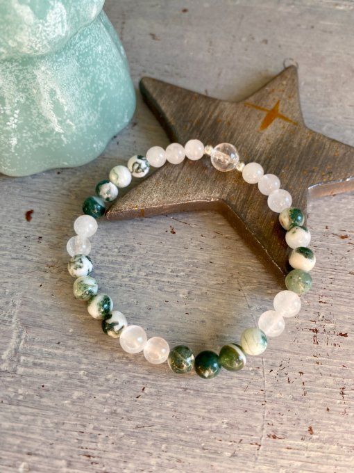 Bracelet Agate mousse claire et Jade blanc
